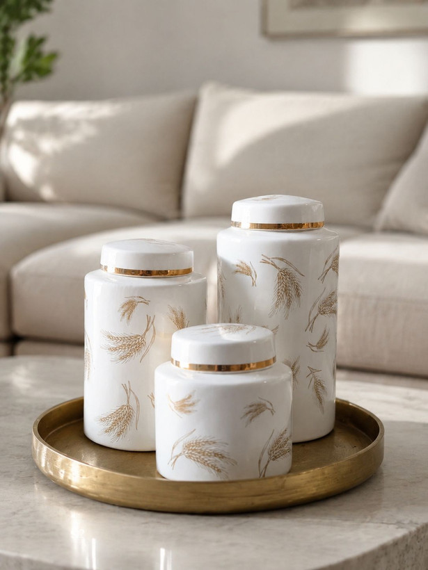 ست کندی سرامیکی ۳ عددی طلاکوب طرح خوشه گندم