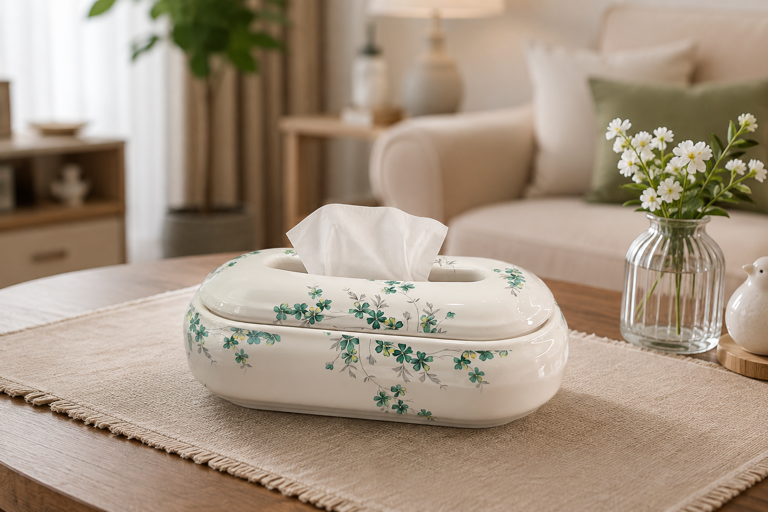 جا دستمال کاغذی سرامیکی طرح شکوفه سبز