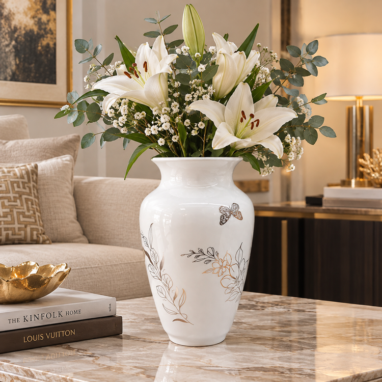 گلدان سرامیکی مدل کوزهای طرح نیلوفر طلا